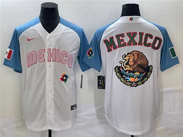 Men%27s Mexico Baseball 2023 White Blue Team Big Logo World Baseball Classic Stitched Jersey